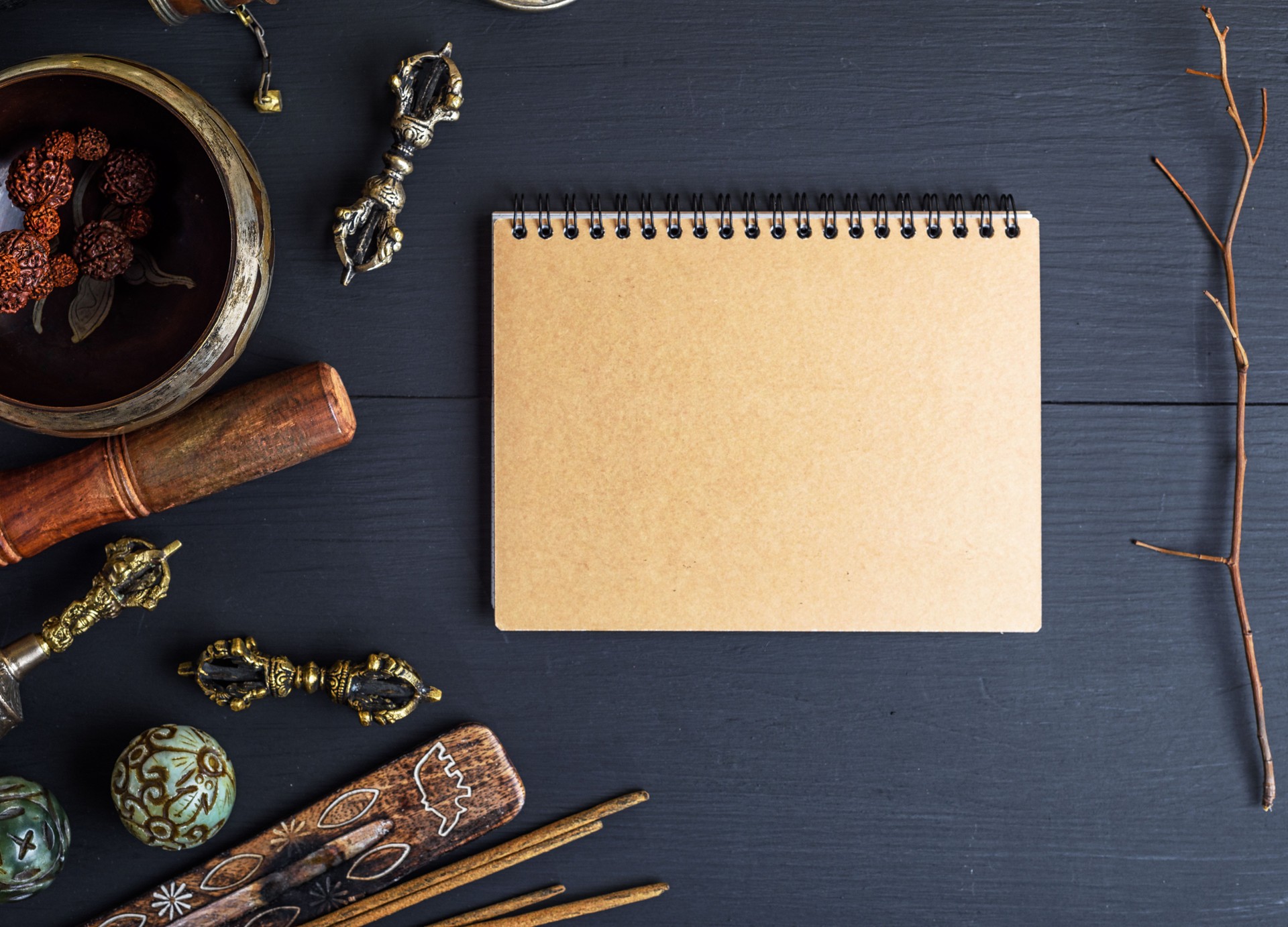 religious musical instruments for meditation and alternative medicine, blank notebook with brown sheets